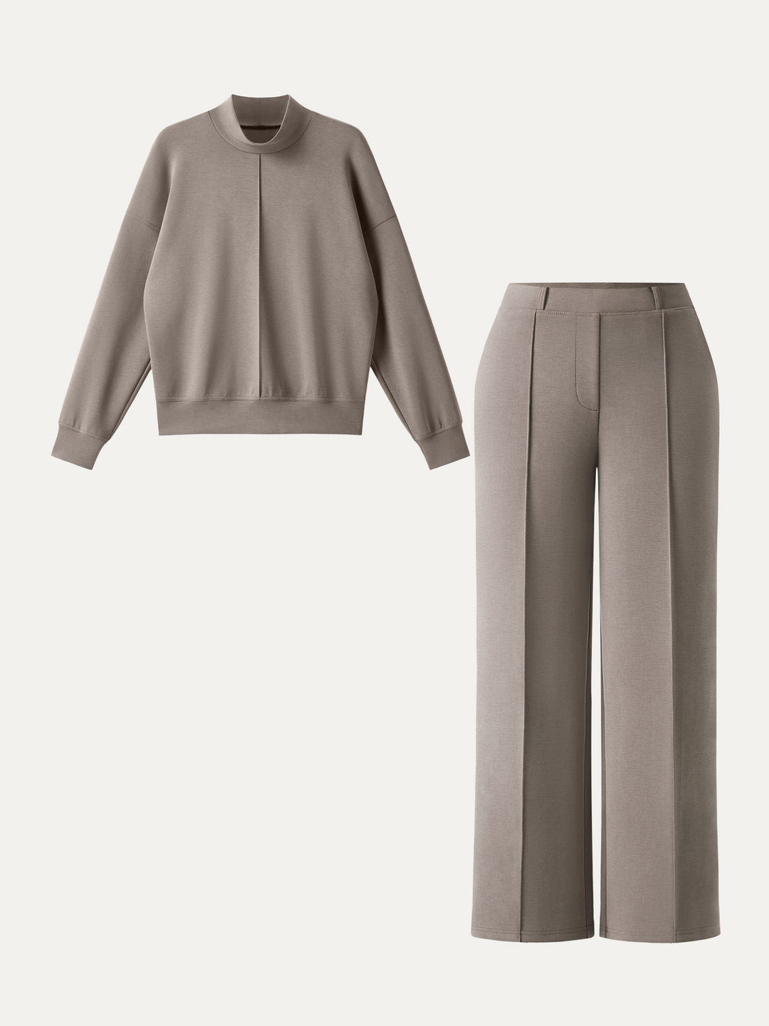2Pcs Set Mockneck Pullover Shirt & Mid Rise Straight Leg Pants with Pockets