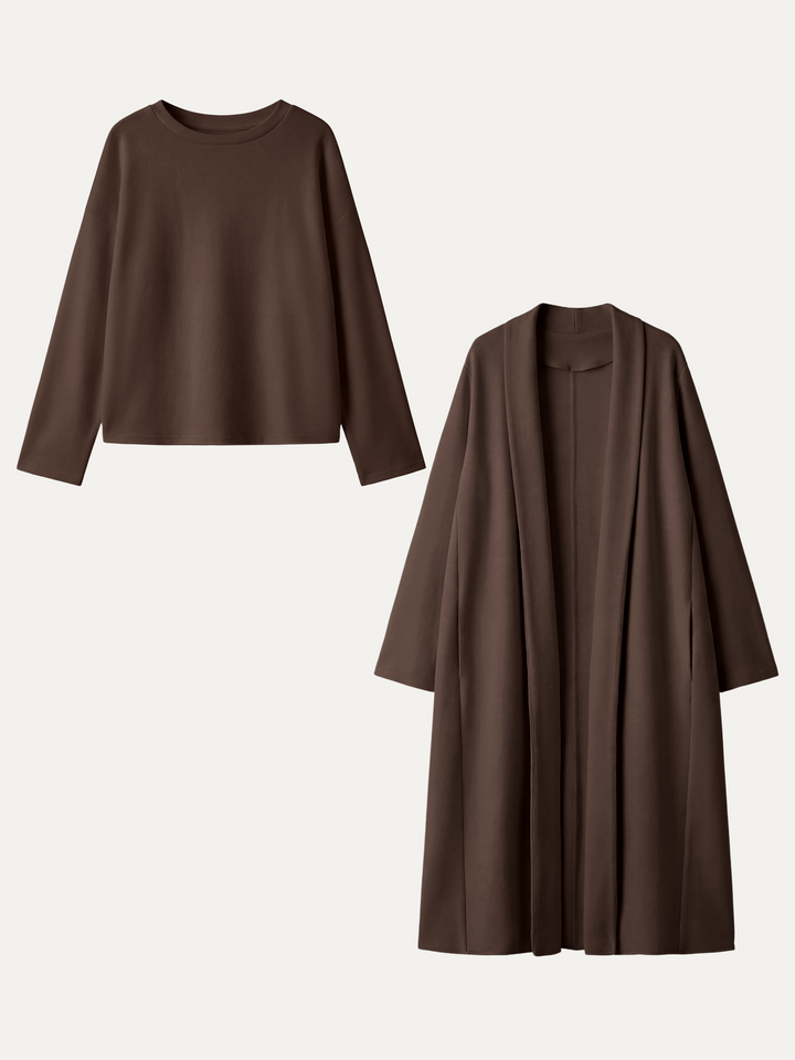2Pcs Set MaxWarm Shawl Collar Long Sleeve Midi Cardigan with Pockets & Boatneck Long Sleeve Textured Top
