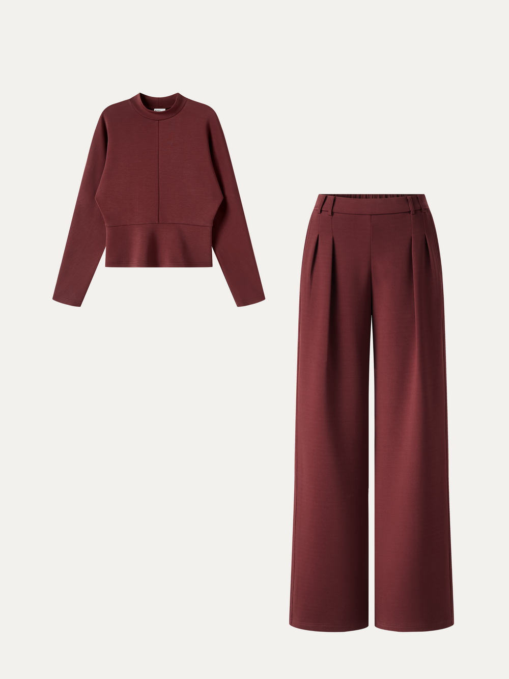 2Pcs Set Mock Neck Batwing Sleeve Top & High-Rise Wide-Leg Pants with Pockets — women's women > bundles&sets > bundles, back view