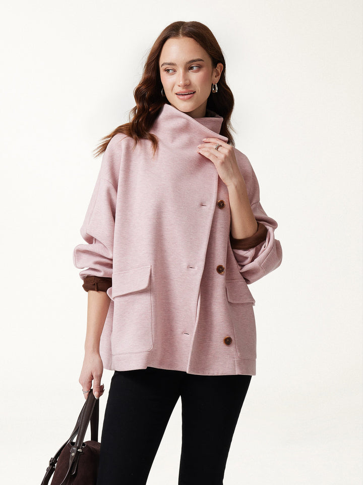 2Pcs Set FuzzLuxe Mock Neck Long Sleeve Jacket with Pockets & High-Rise Wide-Leg Tuck Pants with Welt Pockets