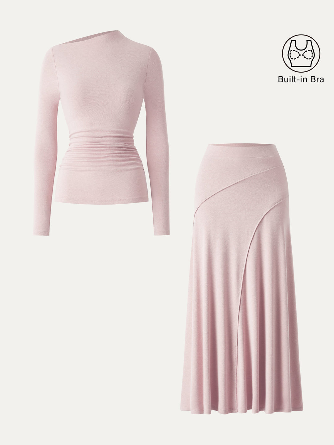2Pcs Set LiteWarm Asymmetrical Long Sleeve Built-In Bra Top 2.0 & A-Line Midi Skirt