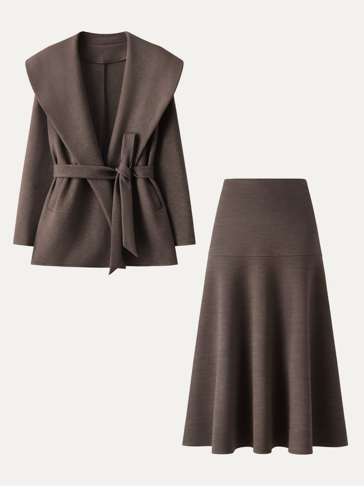 2Pcs Set Shawl Collar Belted Jacket & Mid-Rise Circle Midi Skirt