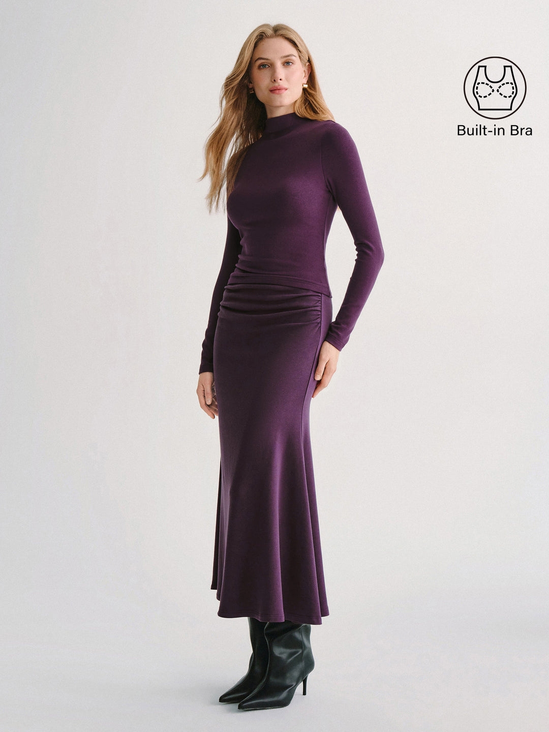 2Pcs Set ProWarm Mock Neck Built-In Bra Top 3.0 & Mid-Rise Ruched Flared Midi Skirt