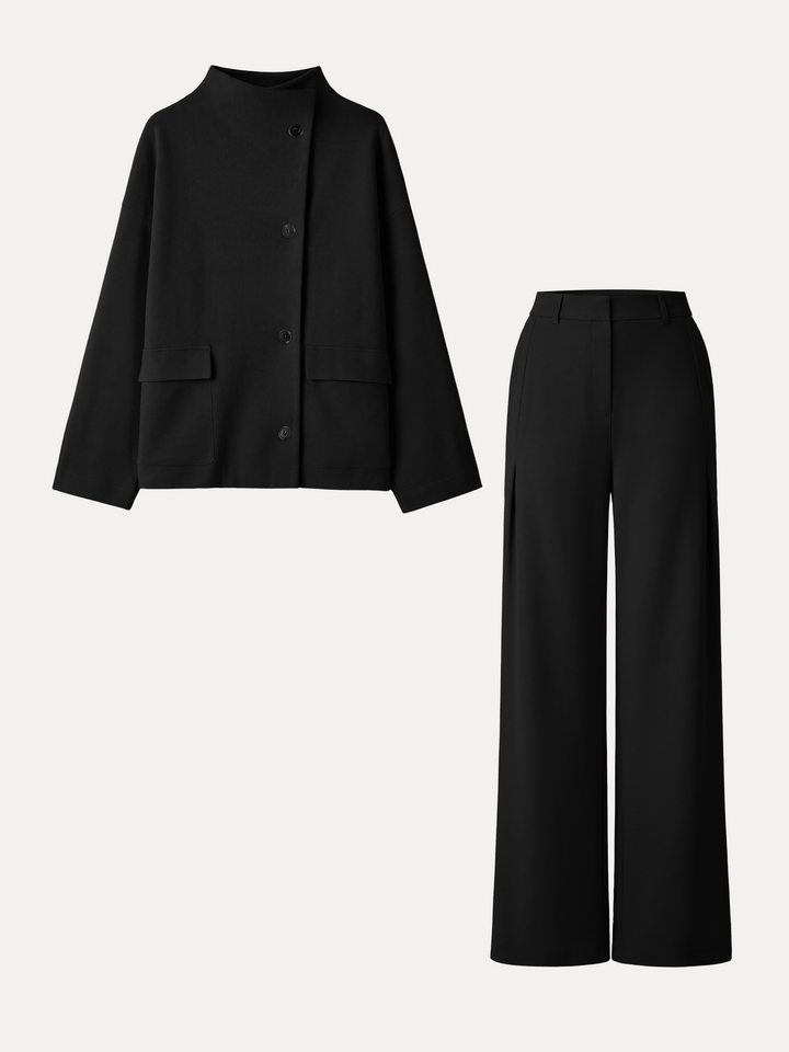 2Pcs Set FuzzLuxe Mock Neck Long Sleeve Jacket with Pockets & High-Rise Wide-Leg Tuck Pants with Welt Pockets
