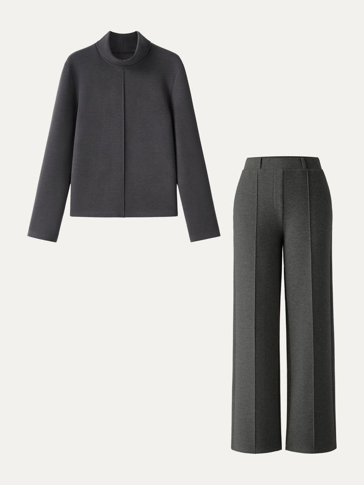 2Pcs Set FuzzLuxe Turtleneck Top & Regular High Waisted Straight Leg Pull On Pant