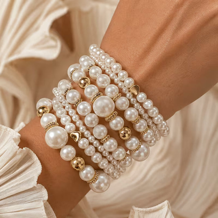 Main shot of the pearl stacking bracelet set of eight