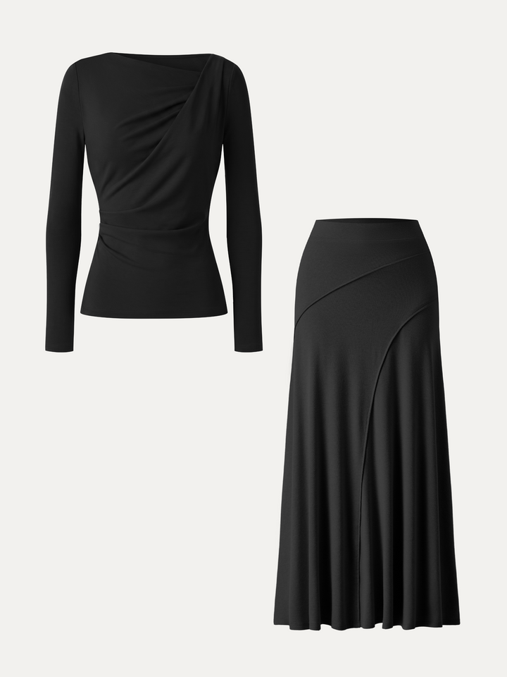 2Pcs Set LiteWarm Asymmetrical Neck Top & Drapey A-Line Midi Skirt
