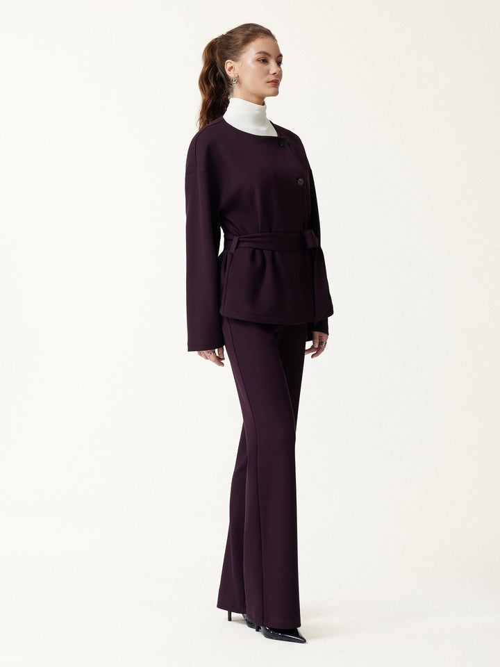2Pcs Set Round Neck Long Sleeve Belted Jacket with Pockets & Mid-Rise Flared Pants with Pockets