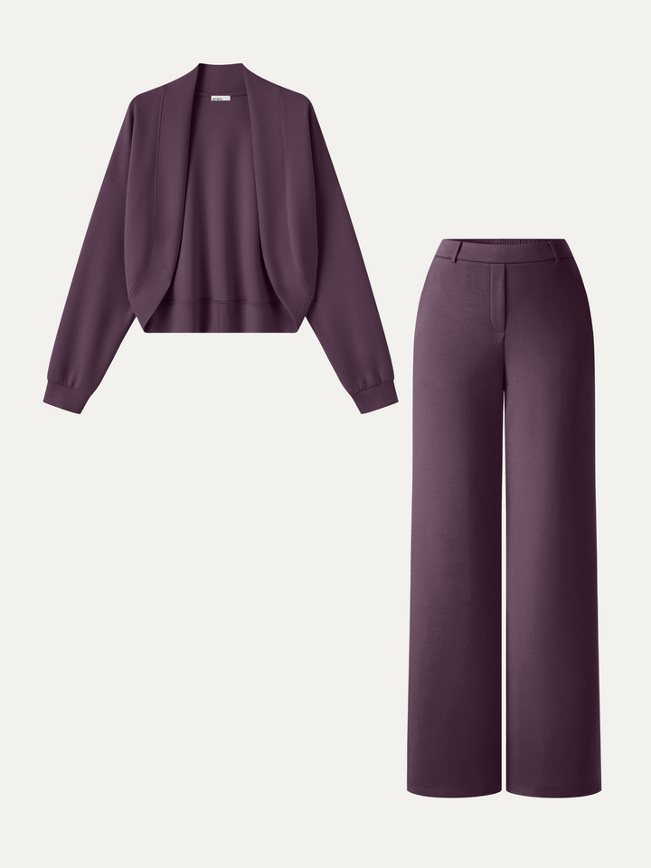 2Pcs Set Long Sleeve Shrug Cardigan & High-Rise Wide Leg Pants with Pockets