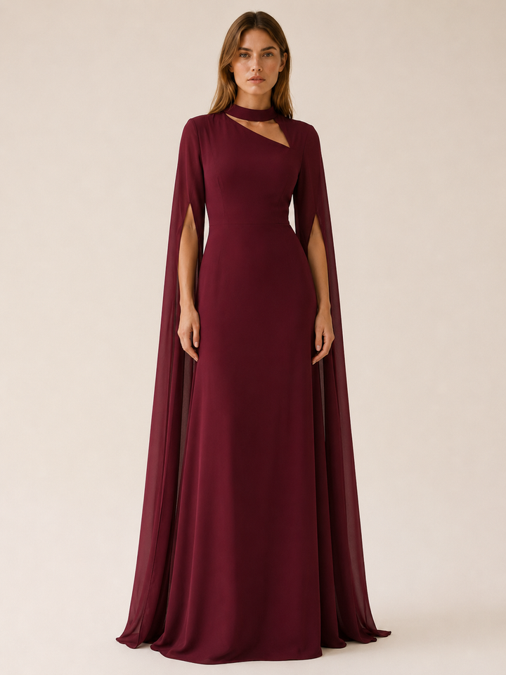 Wine Red Chiffon Maxi Dress with Cape Sleeves – front view