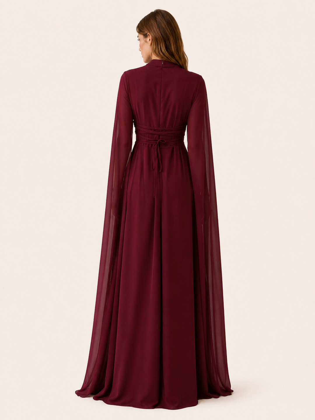 Wine Red Chiffon Maxi Dress with Cape Sleeves – back view