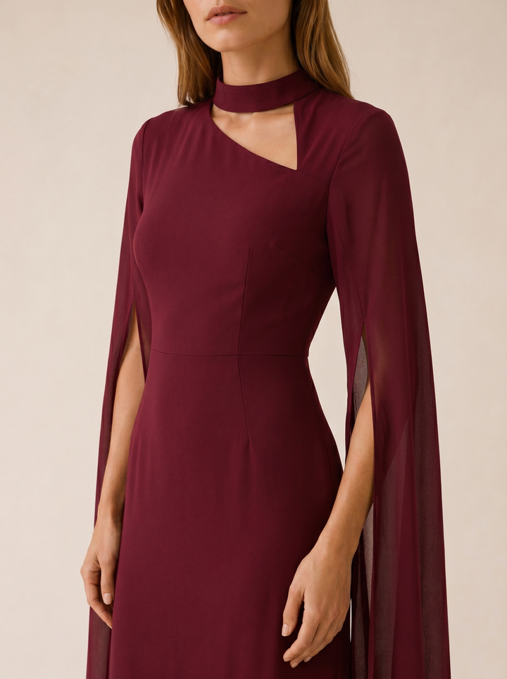 Wine Red Chiffon Maxi Dress with Cape Sleeves – detail view