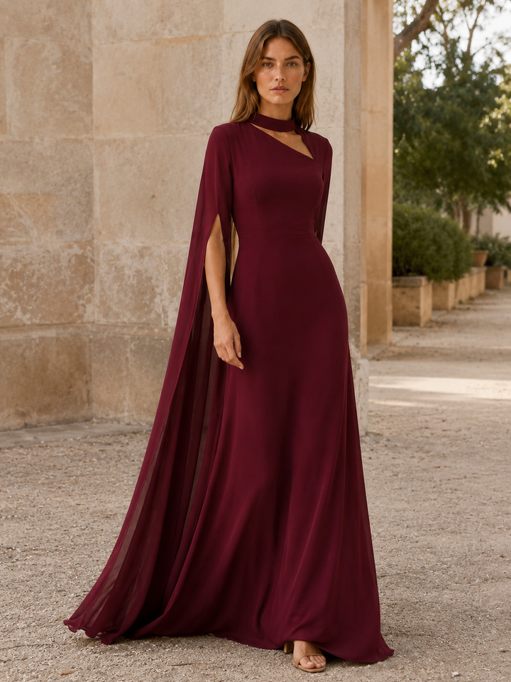 Wine Red Chiffon Maxi Dress with Cape Sleeves – close-up