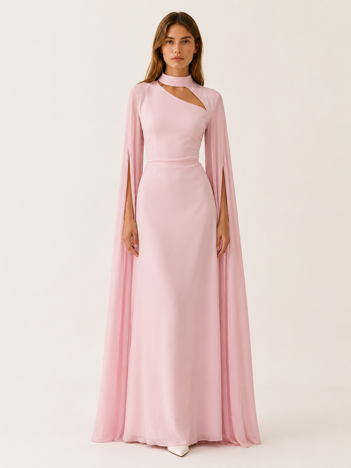 Wine Red Chiffon Maxi Dress with Cape Sleeves – lifestyle