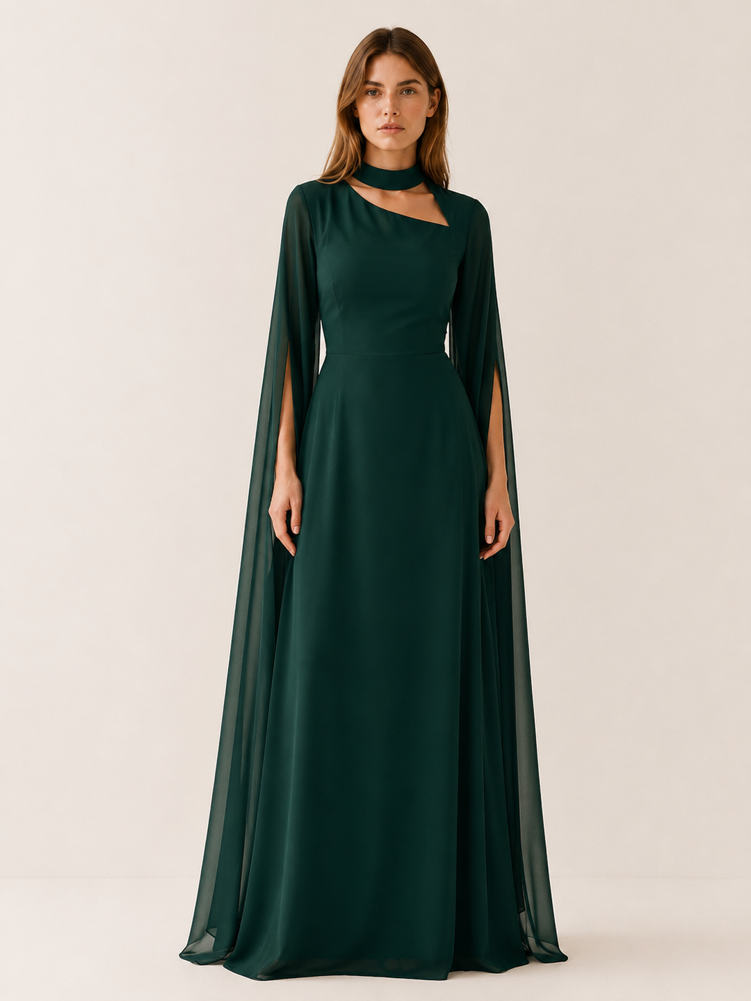Wine Red Chiffon Maxi Dress with Cape Sleeves – full length view