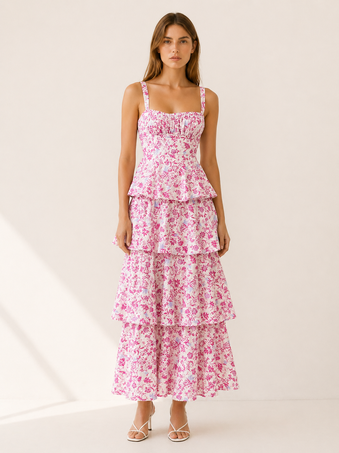 Pink Floral Maxi Dress with Tiered Skirt – front view