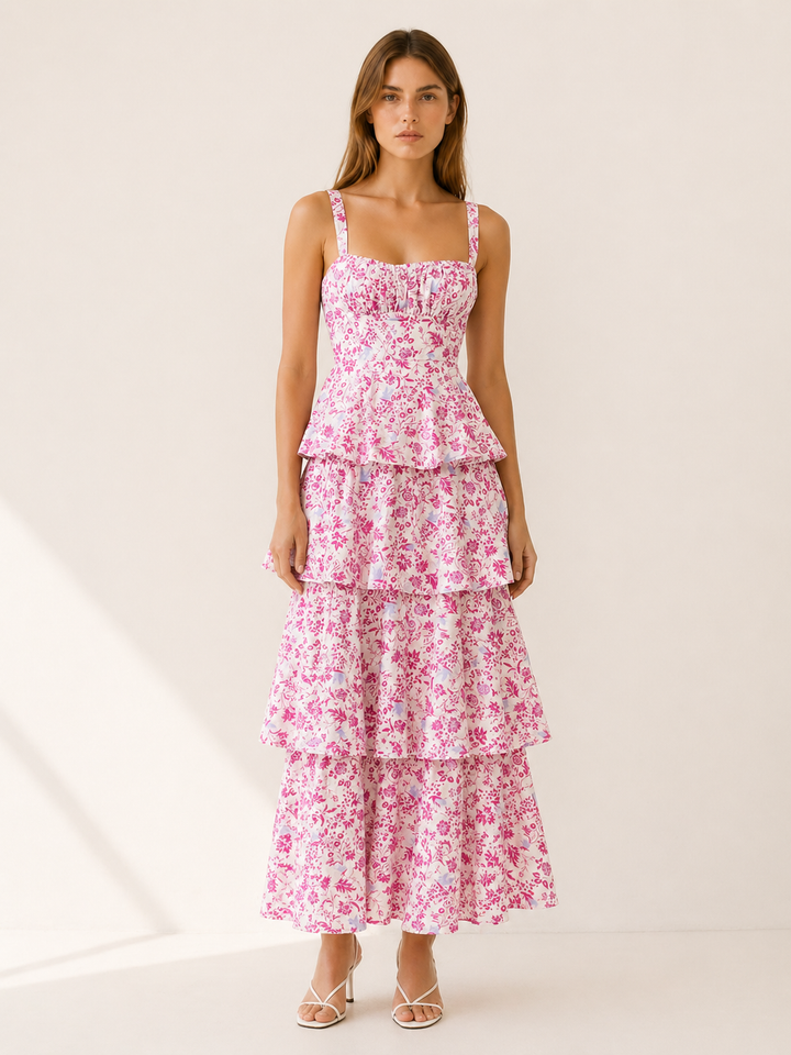 Pink Floral Maxi Dress with Tiered Skirt – front view