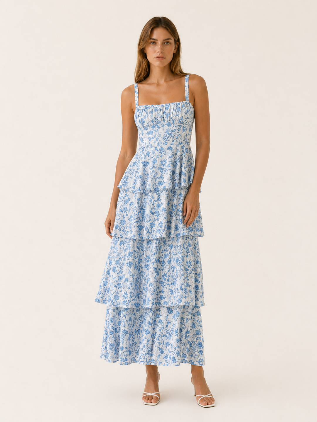 Pink Floral Maxi Dress with Tiered Skirt – detail view