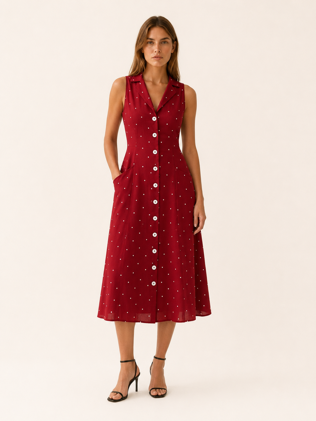Red Polka Dot Midi Dress with Tie Back – front view