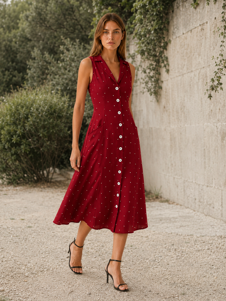Red Polka Dot Midi Dress with Tie Back – back view