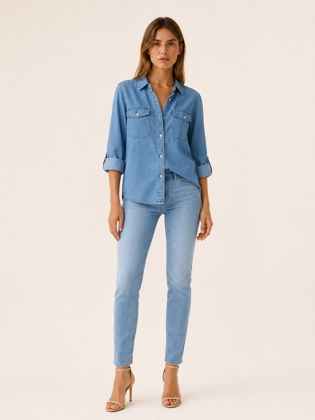 Blue Denim Shirt with Button Front and Chest Pockets – front view