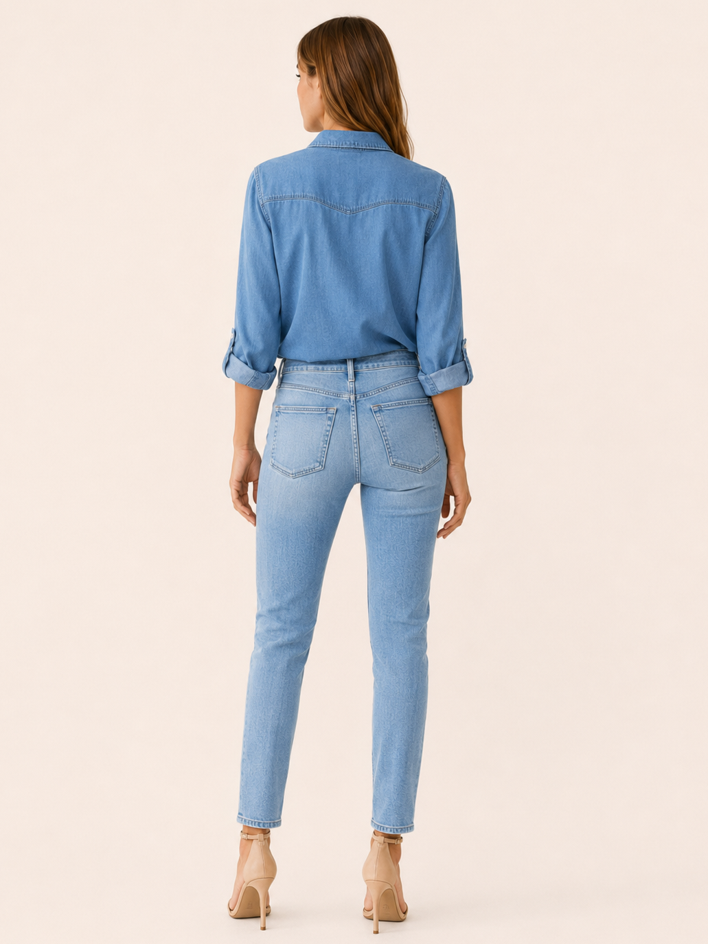 Blue Denim Shirt with Button Front and Chest Pockets – back view