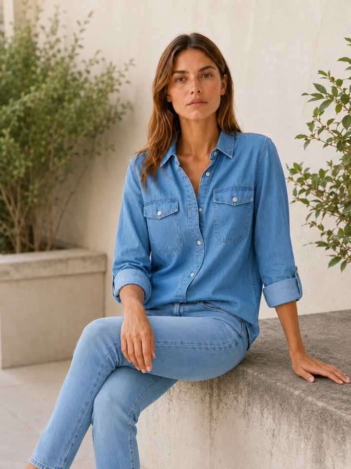 Blue Denim Shirt with Button Front and Chest Pockets – close-up