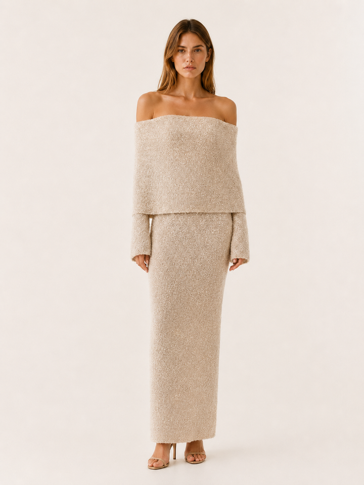 Beige Off Shoulder Knit Maxi Dress – front view