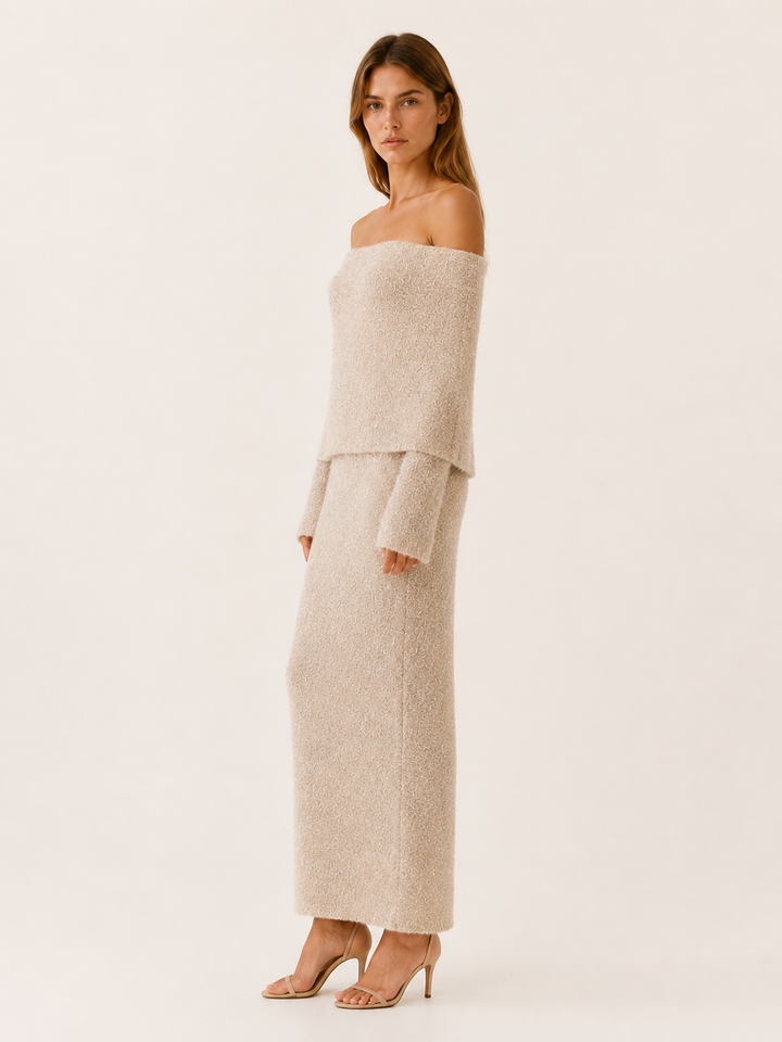 Beige Off Shoulder Knit Maxi Dress – side view