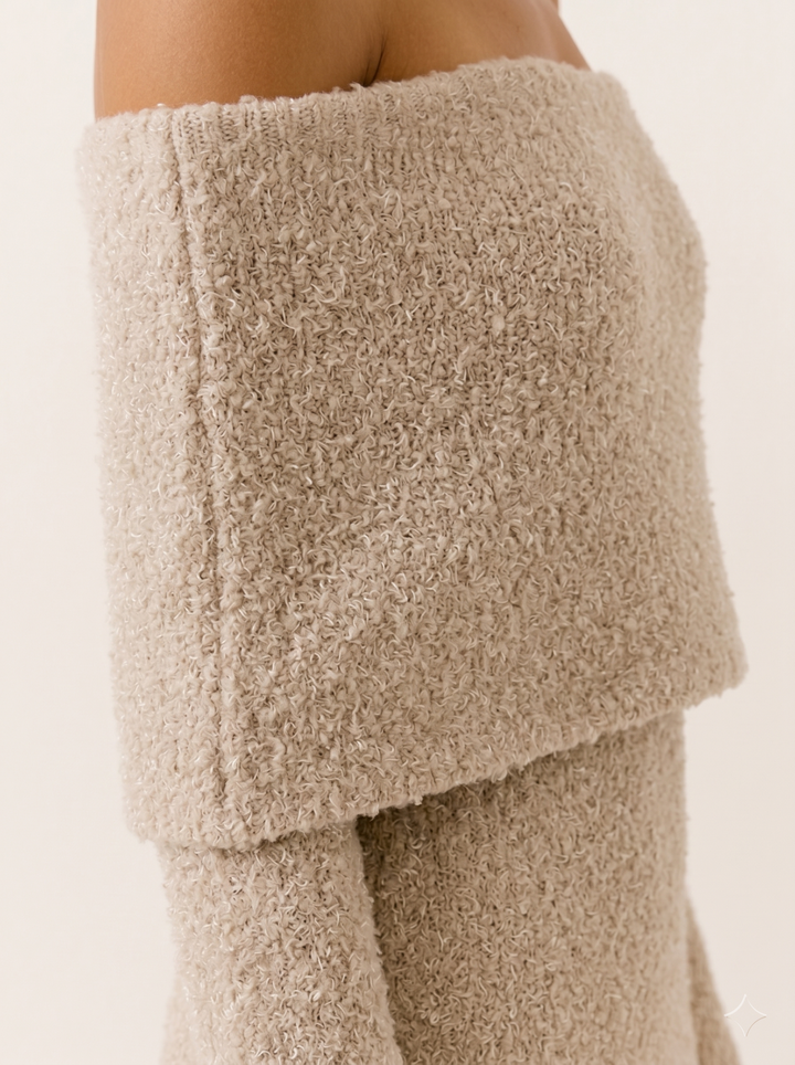 Beige Off Shoulder Knit Maxi Dress – detail view