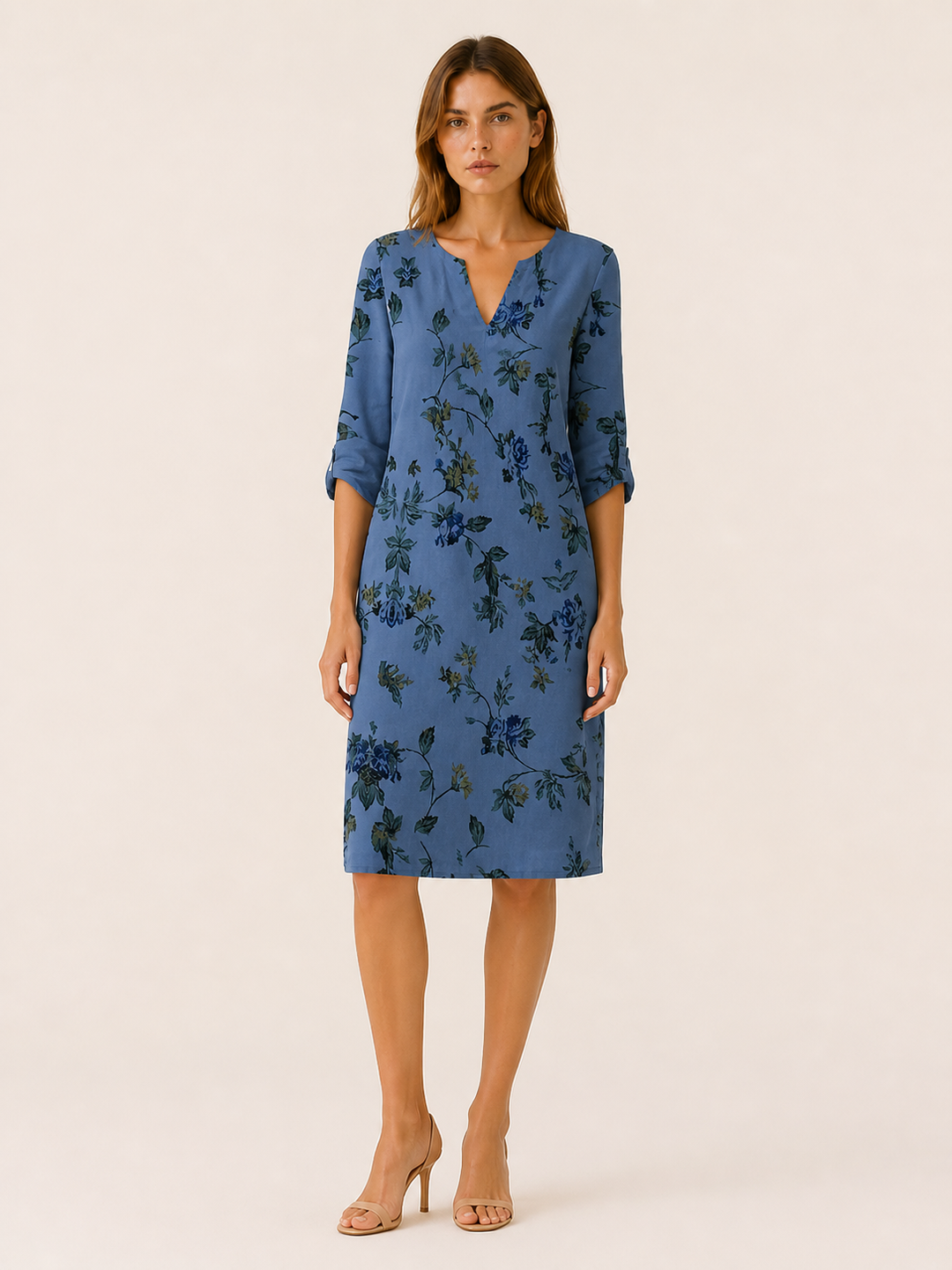 Blue Floral Midi Tunic Dress with V-Neckline – detail view