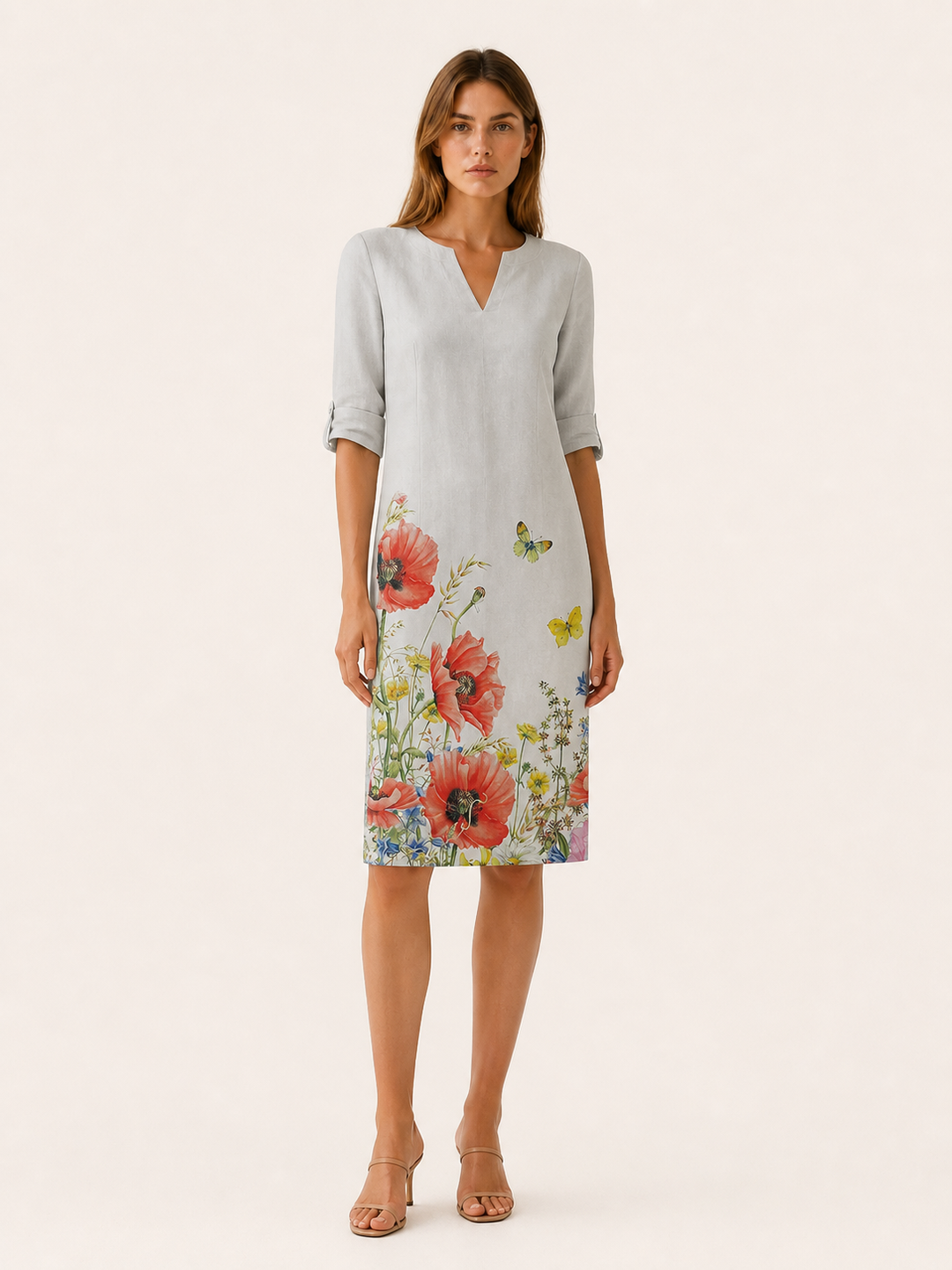 Off-White Floral Midi Tunic Dress with V-Neckline – close-up