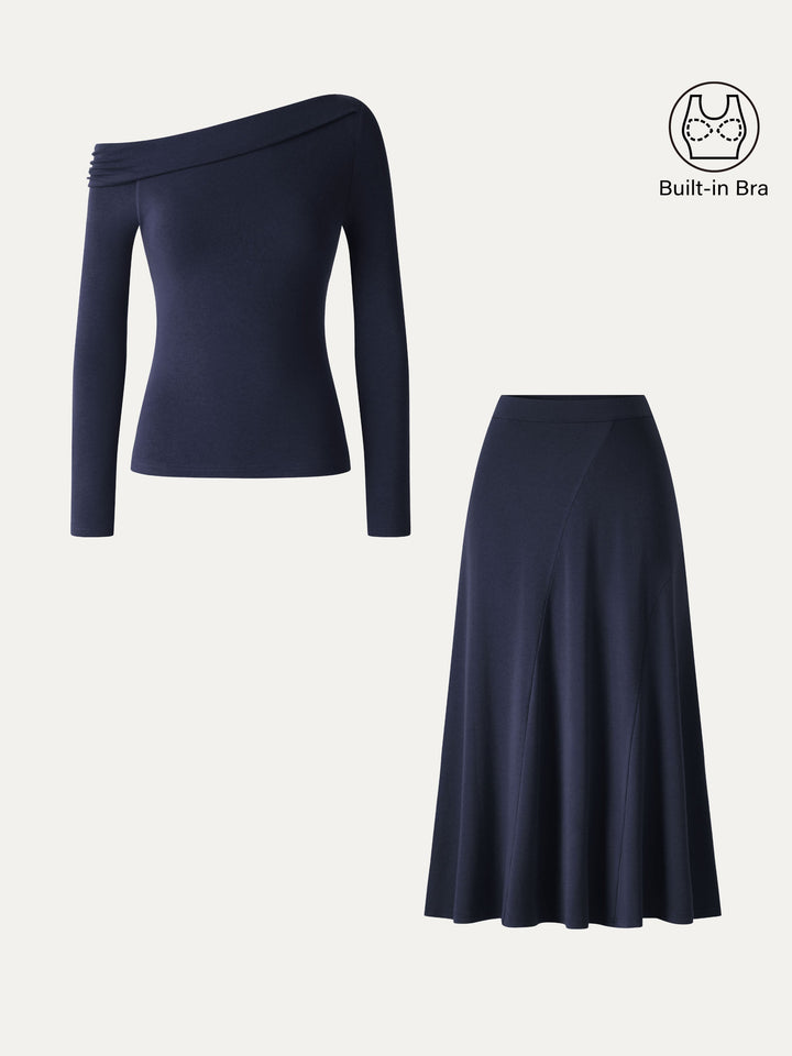 2Pcs Set LiteWarm Asymmetrical Built-In Bra Top 2.0 & High-Rise A-Line Midi Skirt
