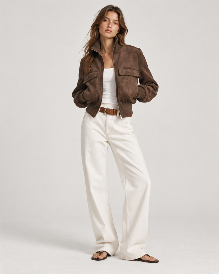 Full-length look: dark brown suede bomber jacket styled with white wide-leg jeans and sandals