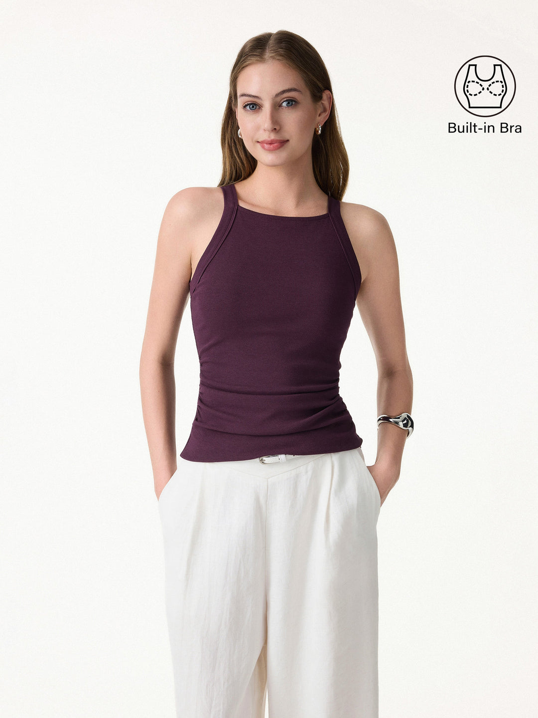 Plantive Chic Square Neck Ruched Rib Built-In Bra Tank 2.0