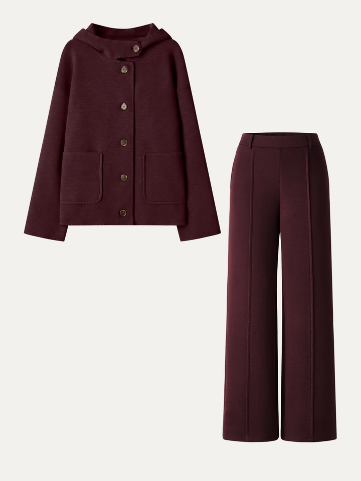 2Pcs Set Hooded Long Sleeve Jacket with Pockets & Mid-Rise Wide-Leg Pants with Pockets