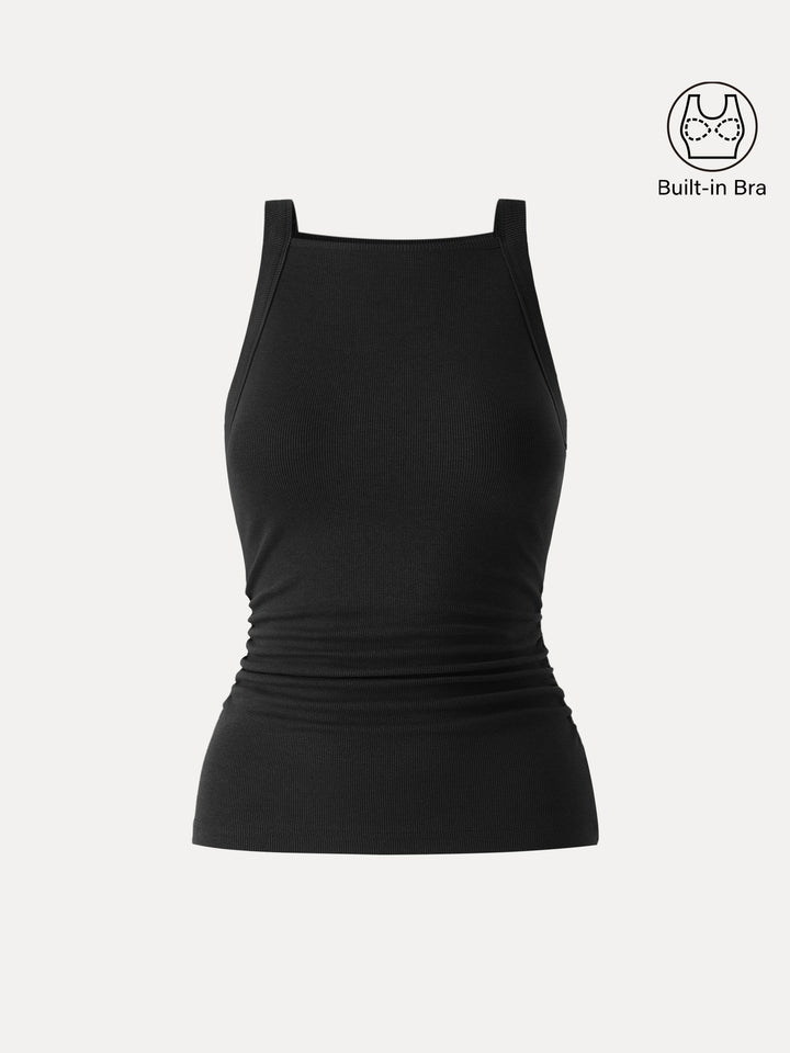 Plantive Chic Square Neck Ruched Rib Built-In Bra Tank 2.0
