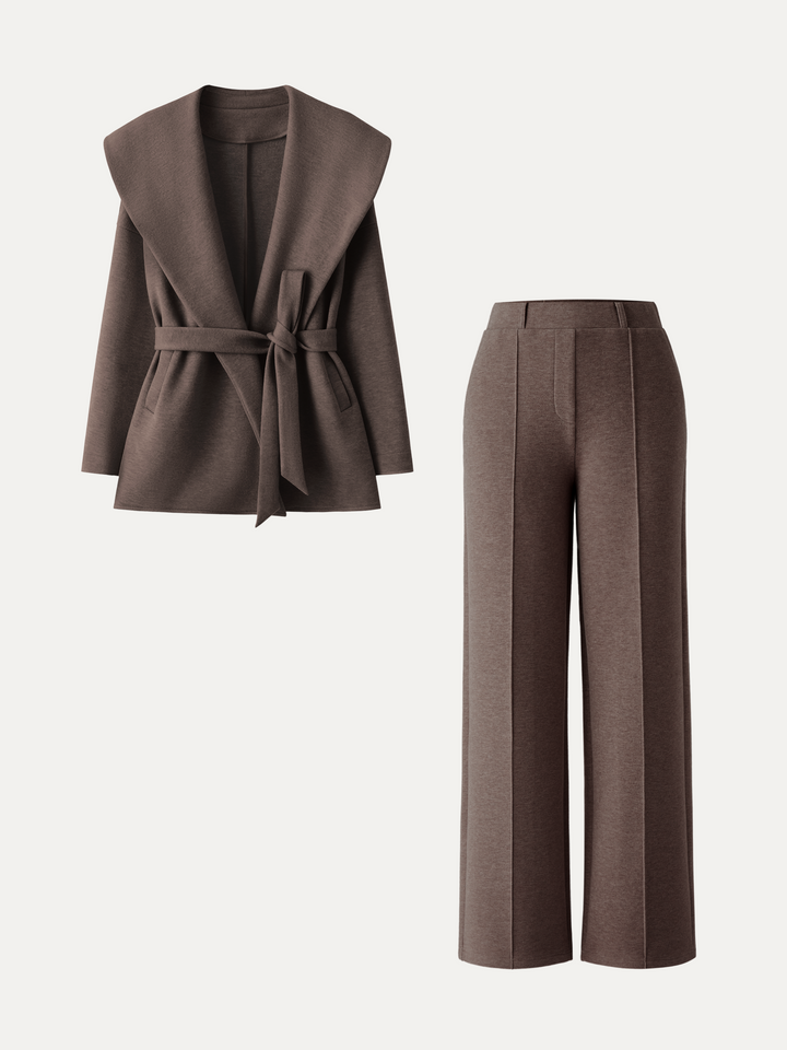2Pcs Set Shawl Collar Belted Jacket & High Waisted Straigh Leg Pull On Pant