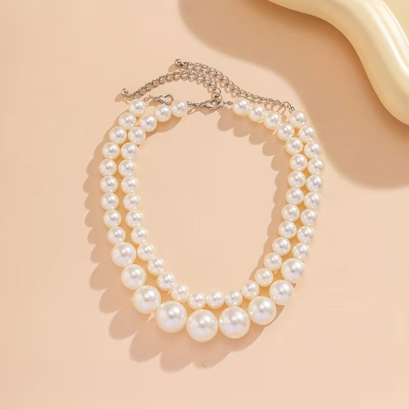 Model wearing the double strand pearl necklace