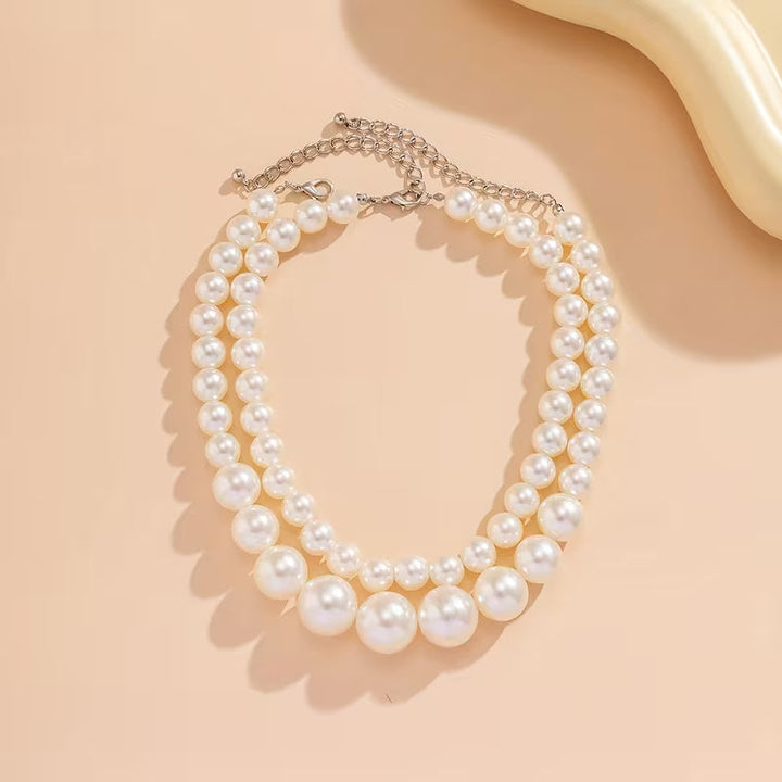 Model wearing the double strand pearl necklace
