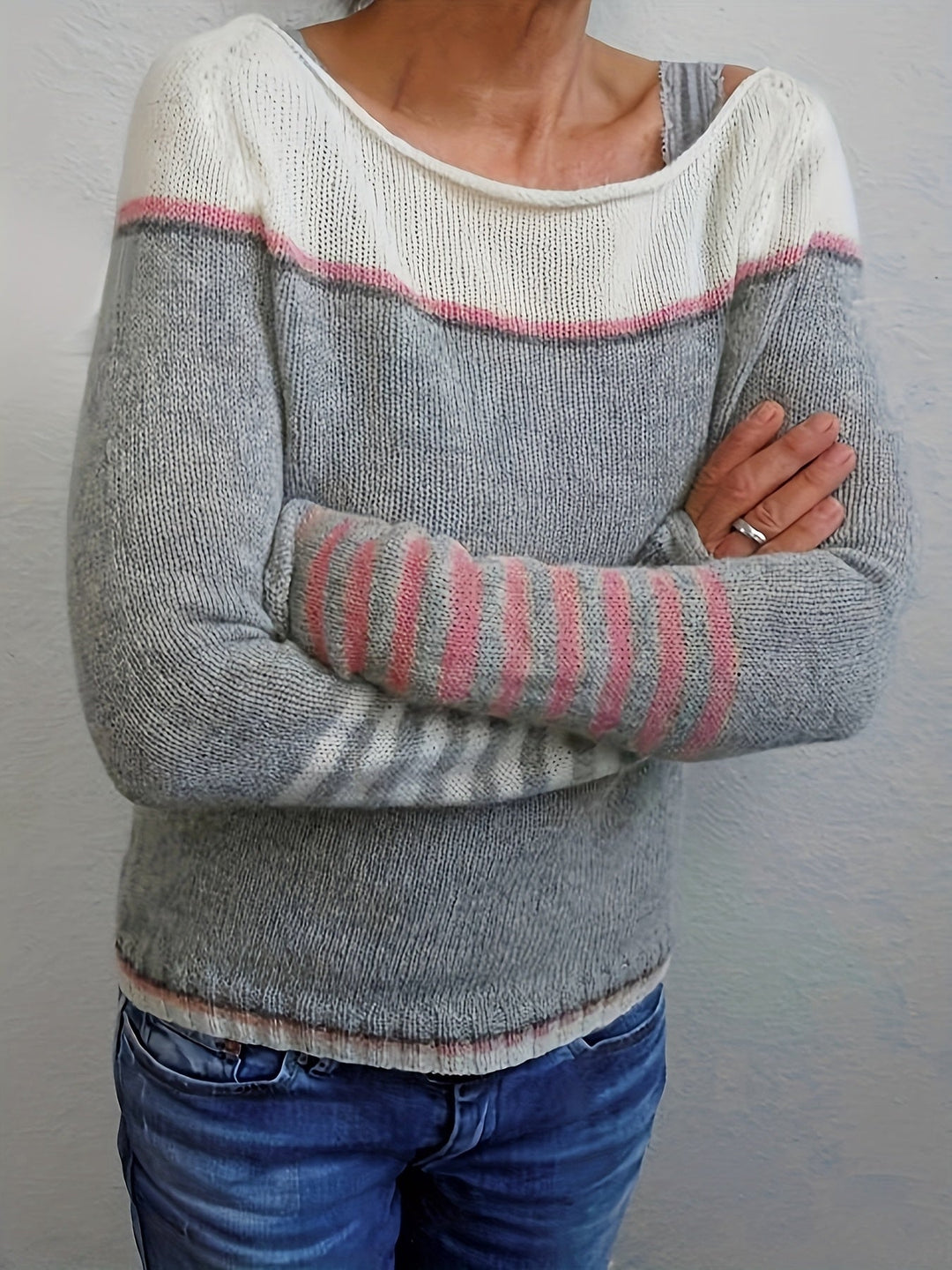 Isolde | Women's Colorblock Boat Neck Sweater with Striped Cuffs