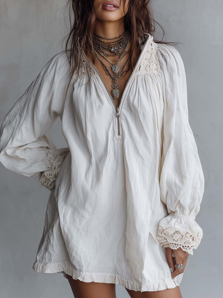 Vintage-style Zip-up Collar Lace-trimmed White Mini Dress | Harry & Kate London