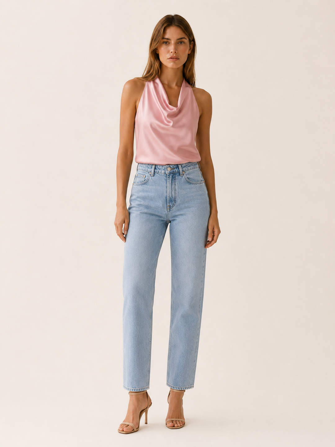 Pink Satin Halter Top with Draped Neckline – front view