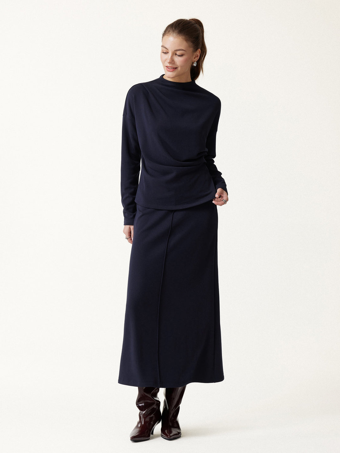 2Pcs Set Prowarm Mock Neck Long Sleeve Top & Mid-Rise A-Line Midi Skirt — women's women > bundles&sets > bundles, front view
