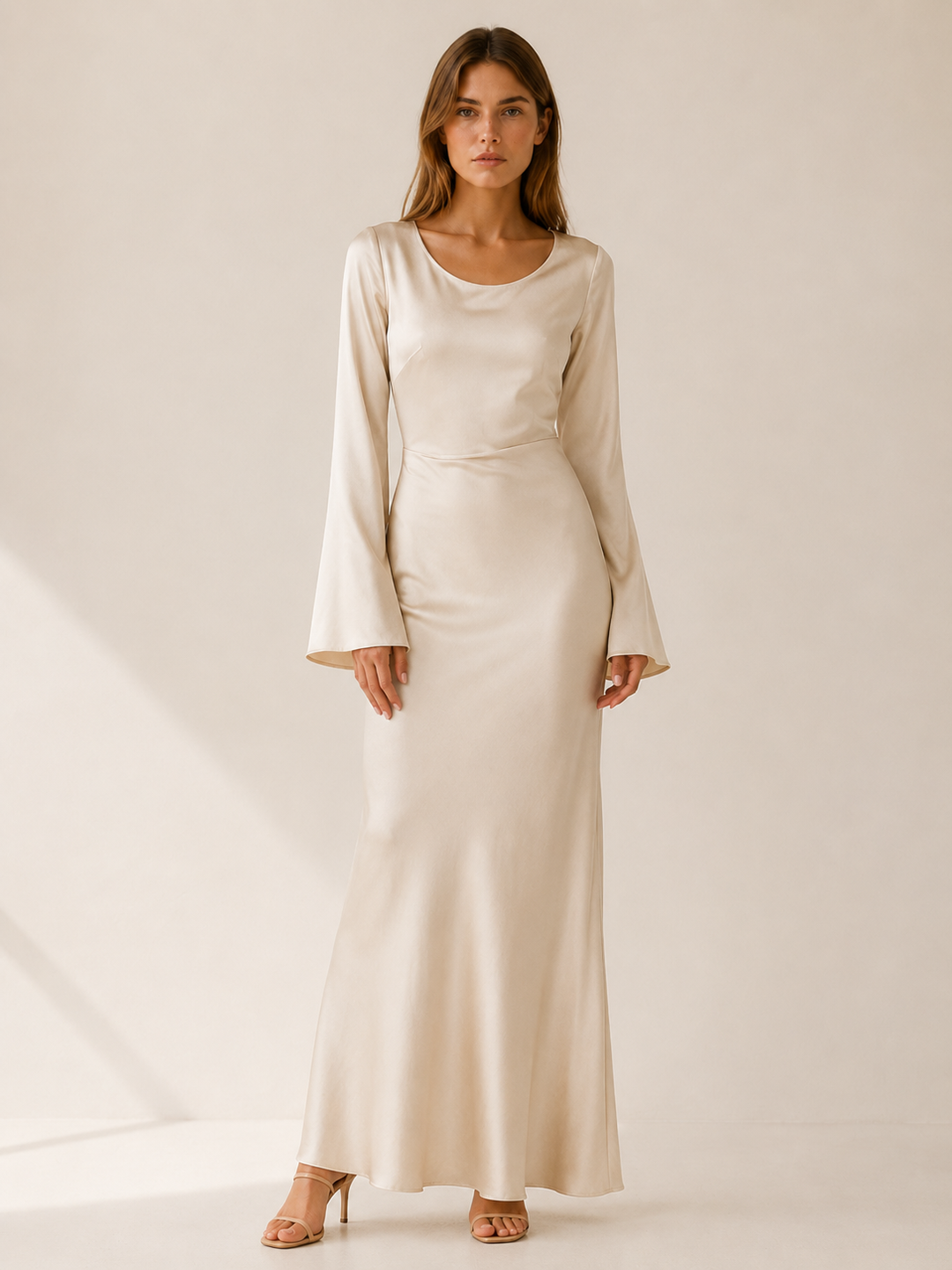 Ivory Long Sleeve Maxi Dress with Tie Waist – front view