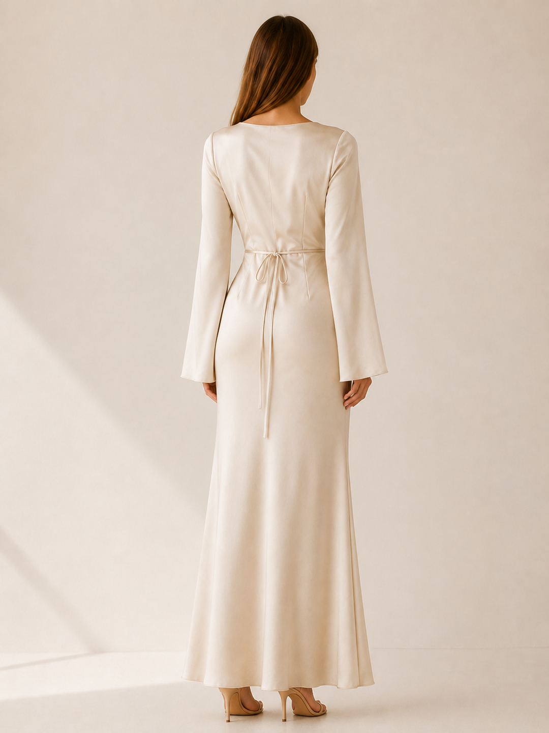 Ivory Long Sleeve Maxi Dress with Tie Waist – side view