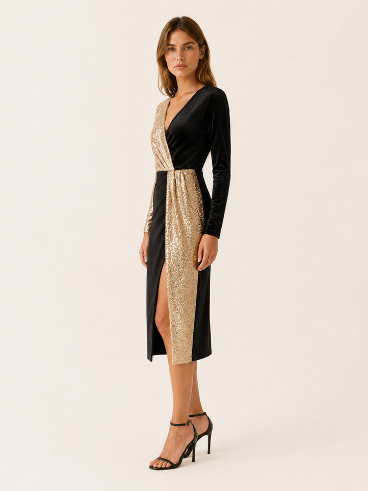 Black Sequin Midi Dress with V Neck and Side Slit – side view