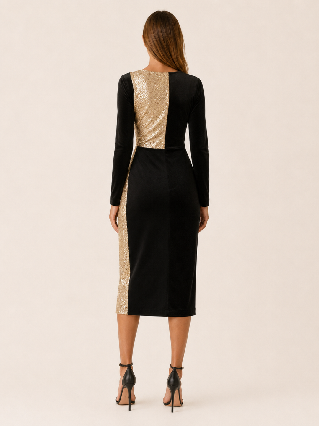Black Sequin Midi Dress with V Neck and Side Slit – back view