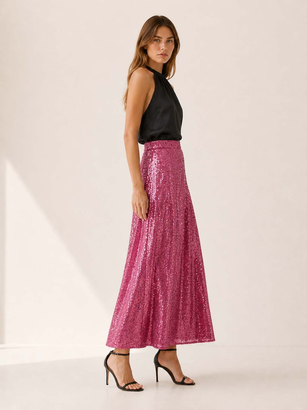 Apricot Sequin Maxi Skirt with Elastic Waist – side view