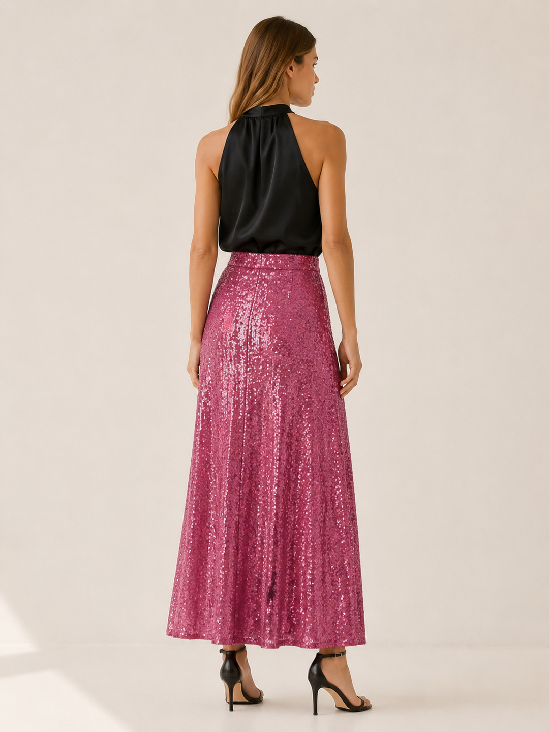 Black Sequin Maxi Skirt with Elastic Waist – back view